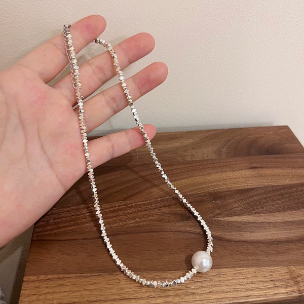 Natural freshwater pearl necklace with stacked plain chain