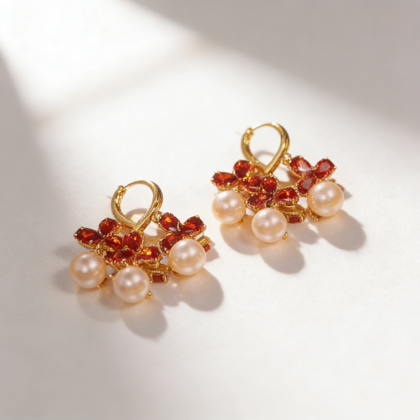 Ruby Flower Pearl Earrings