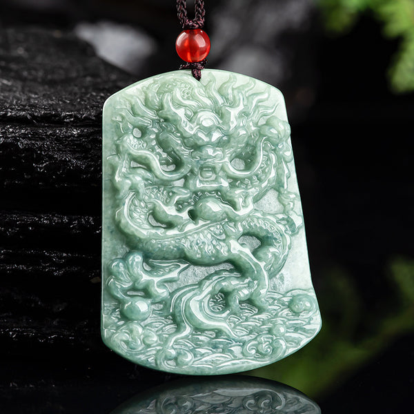 Dragon and the Four Seas Natural Emerald Jade Stone Necklace