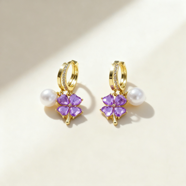 Amethyst Clover & Pearl Double-Layer Earrings