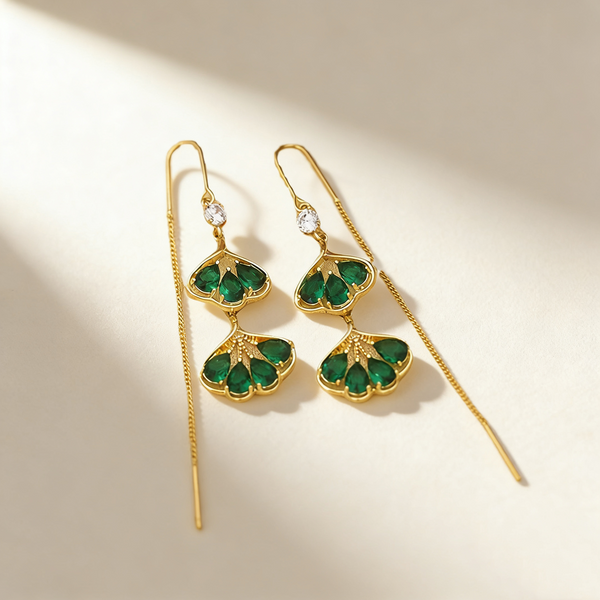 Emerald Ginkgo Leaf Tassel Earrings