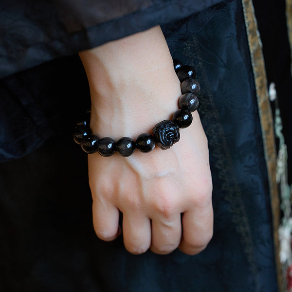 Lucky Lion Natural Obsidian Bracelet