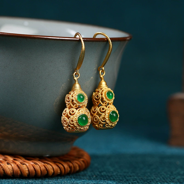 Gourd Vintage Natural Emerald Jade Stone Earrings