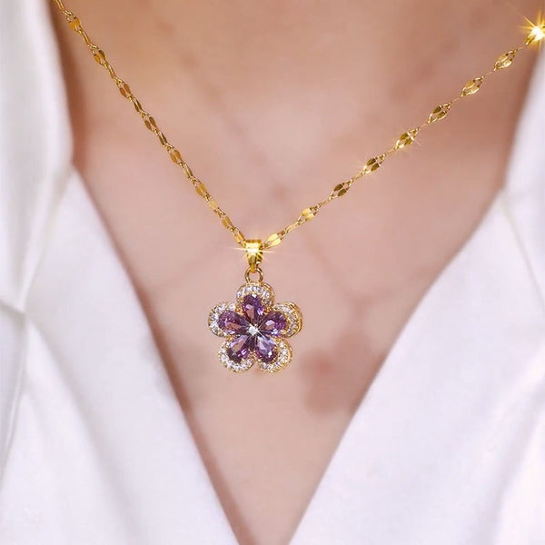 Purple flower natural crystal necklace