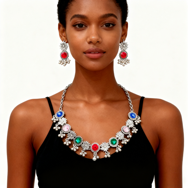 925 Silver Multicolor Agate Necklace & Earring Set