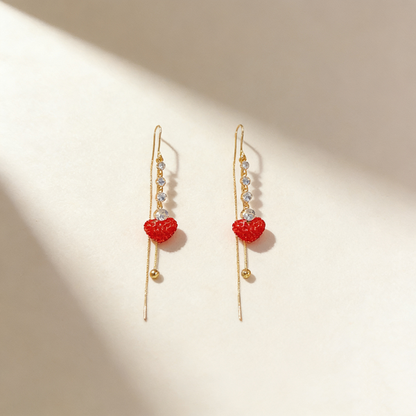 Red Heart Tassel Threader Earrings