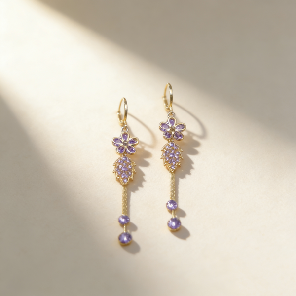 Amethyst Floral Double Tassel Earrings
