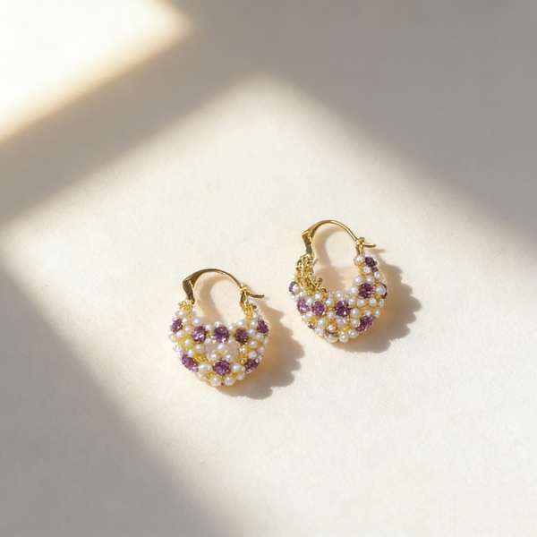 Purple Amethyst Pearl Basket Earrings