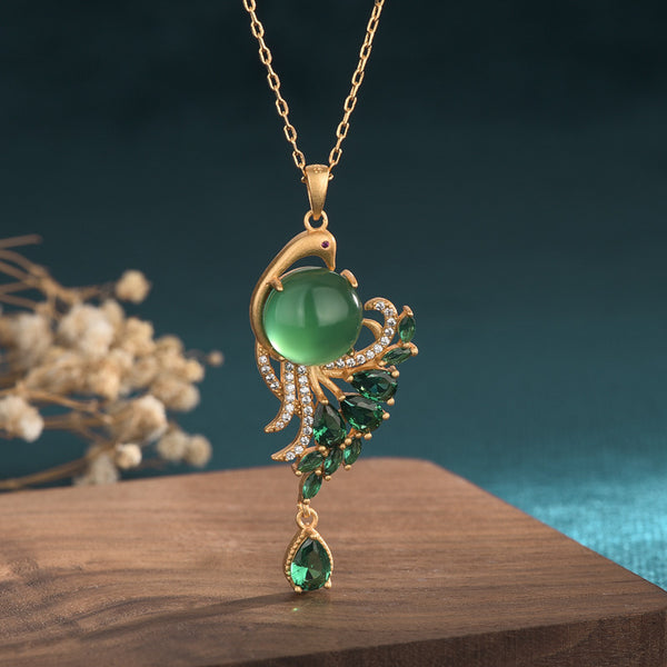 Peacock Natural Emerald Jade Stone Necklace