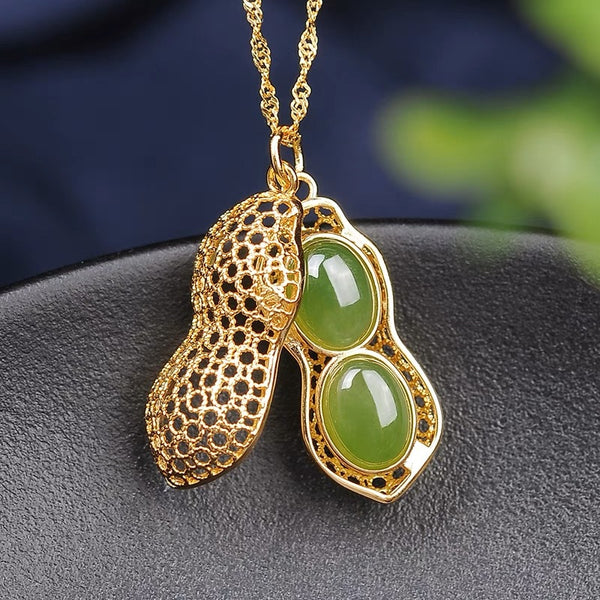 Hollow peanut Natural Emerald Jade Stone necklace