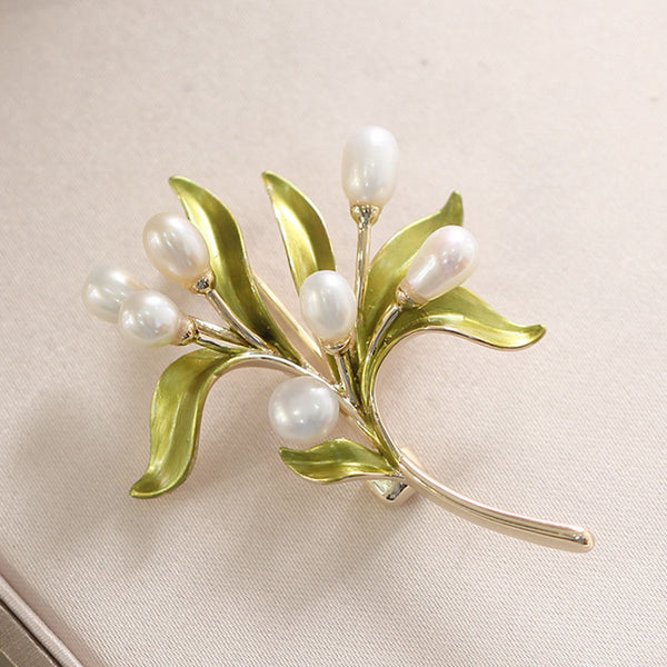 Olive branch natural freshwater pearl brooch