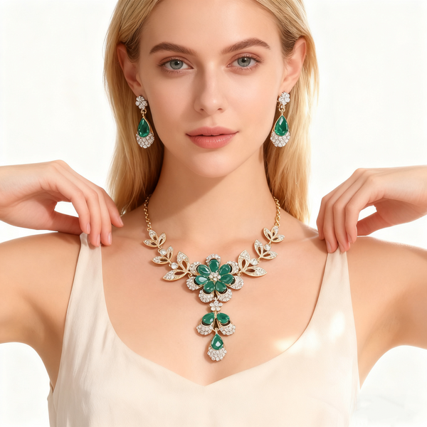 18K Gold Diamond & Agate Necklace & Earring Set