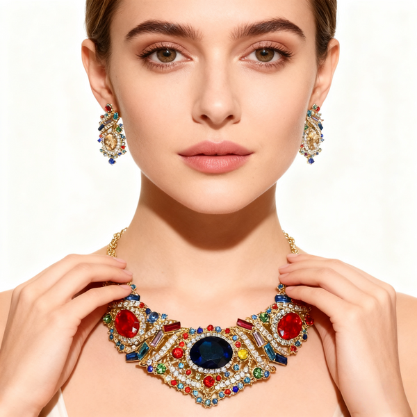 Red & Blue Agate with Diamond Necklace & Earrings Set