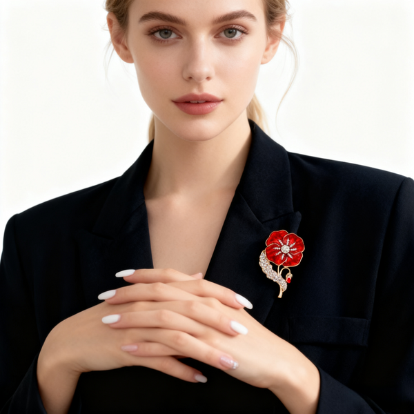 Crystal & Enamel Poppy Flower Brooch