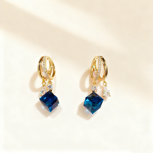 Square Blue Sapphire Double-Layer Earrings
