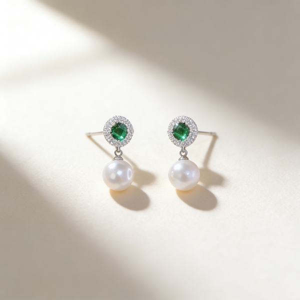 Vintage Emerald Gemstone and Pearl Earrings