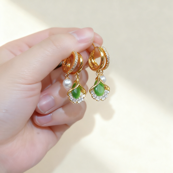 Ginkgo Leaf Green Agate & Pearl Double-Layer Earrings