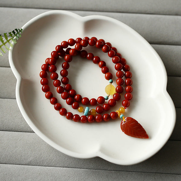 Red Leaf Three Circle Natural Agate Bracelet