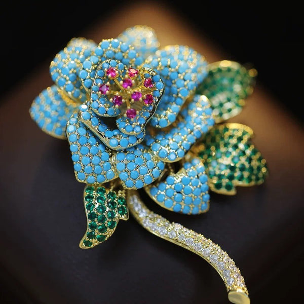 Natural Blue Turquoise Peony Brooch