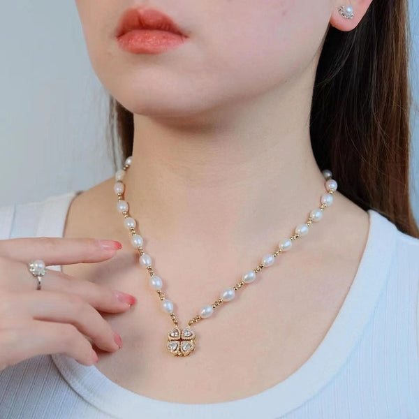 Two-Wear Four-Leaf Clover Natural Freshwater Pearl Necklace