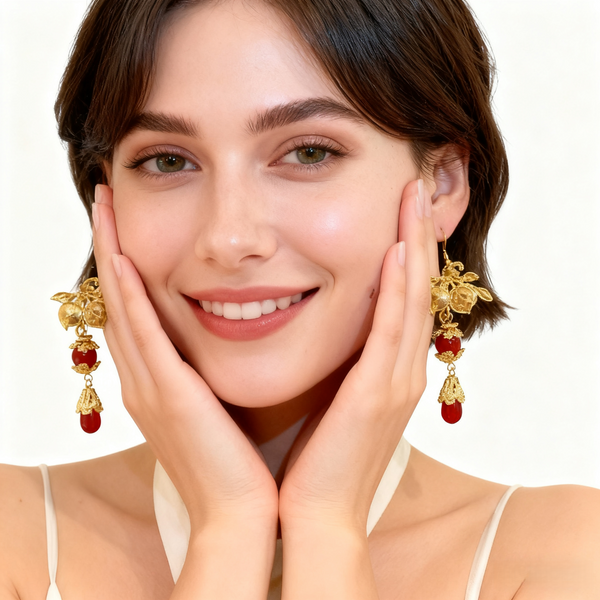 18K Gold Red Agate Flower Earrings