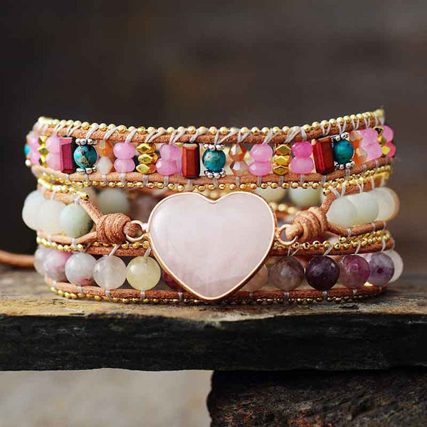 Rose Quartz Heart Wrap Bracelet